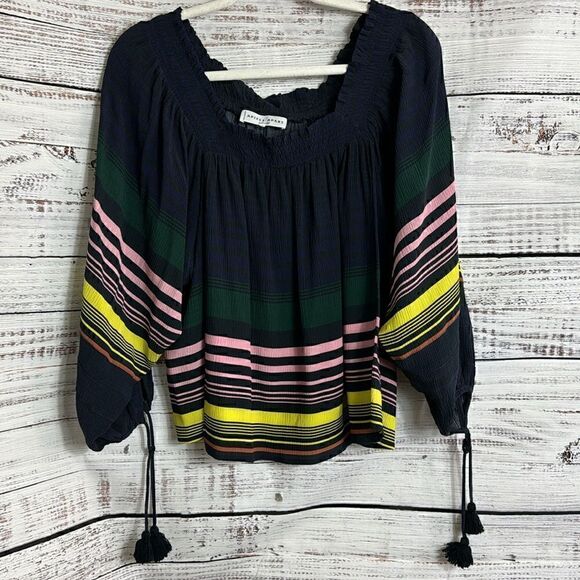 Apiece Apart top womens Sz 0 silk Blouse smocked off shoulder striped tassel - Picture 2 of 13